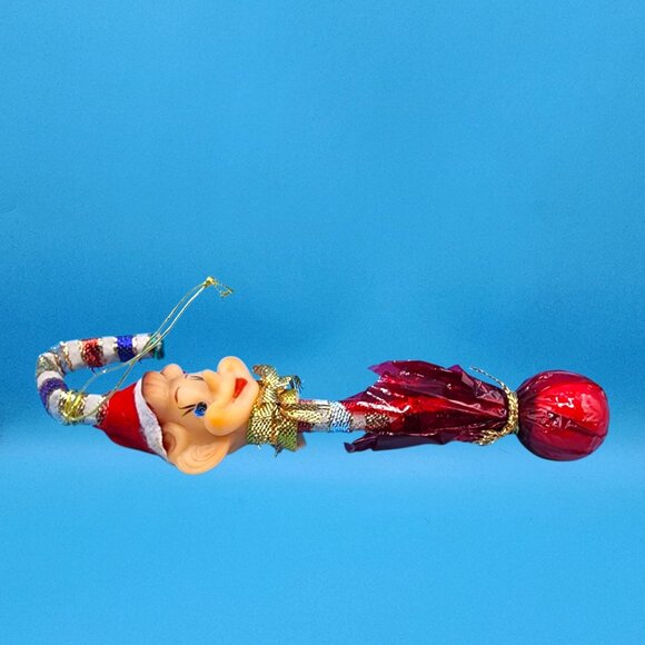 Vintage 1950s Japan Pixie Elf Lollipop Ornament Rubber Head Candy Cane Hat - Picture 8 of 11